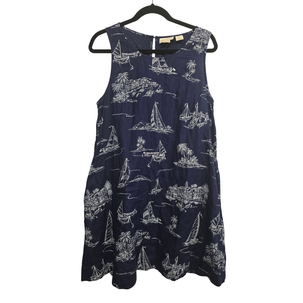Cynthia Rowley 100% Linen Navy Sailboat Coastal Nautical Shift Dress L Resort